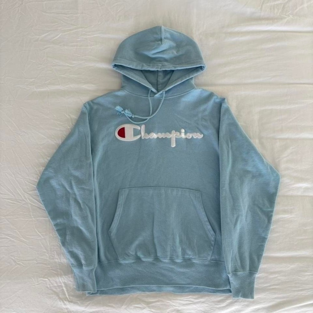 90s Champion Reverse Weave Sky Blue hoodie with white logo